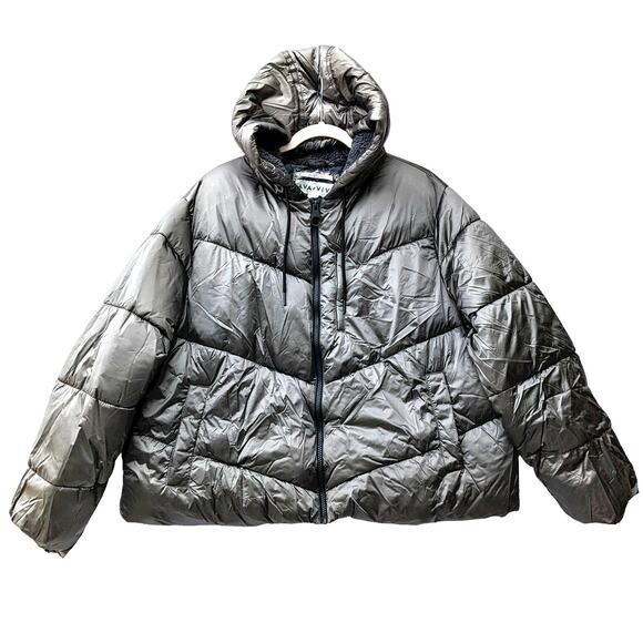 Ava Viv Puffer Jacket Short 1X Plus Winter Hood Coat Faux Fur Full Zip Gray Cozy - Picture 1 of 11